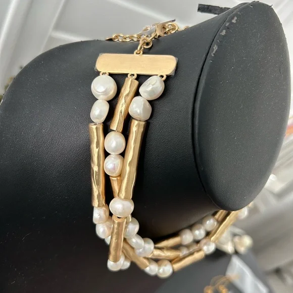 NEW Cult Gaia Zabelle Baroque Pearl CHOKER NECKLACE 18" Gold Bars 3 Strands